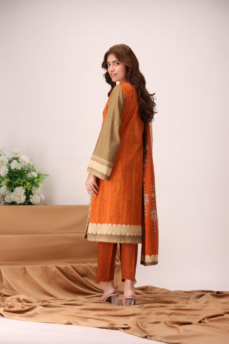 3 Piece Unstitched Bright Orange Khaddar - Jacquard Clothing