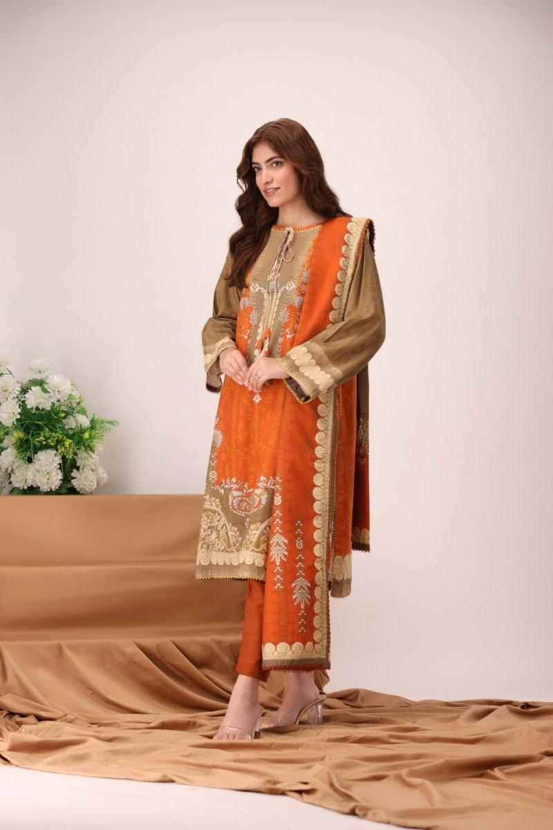 3 Piece Unstitched Bright Orange Khaddar - Jacquard Clothing