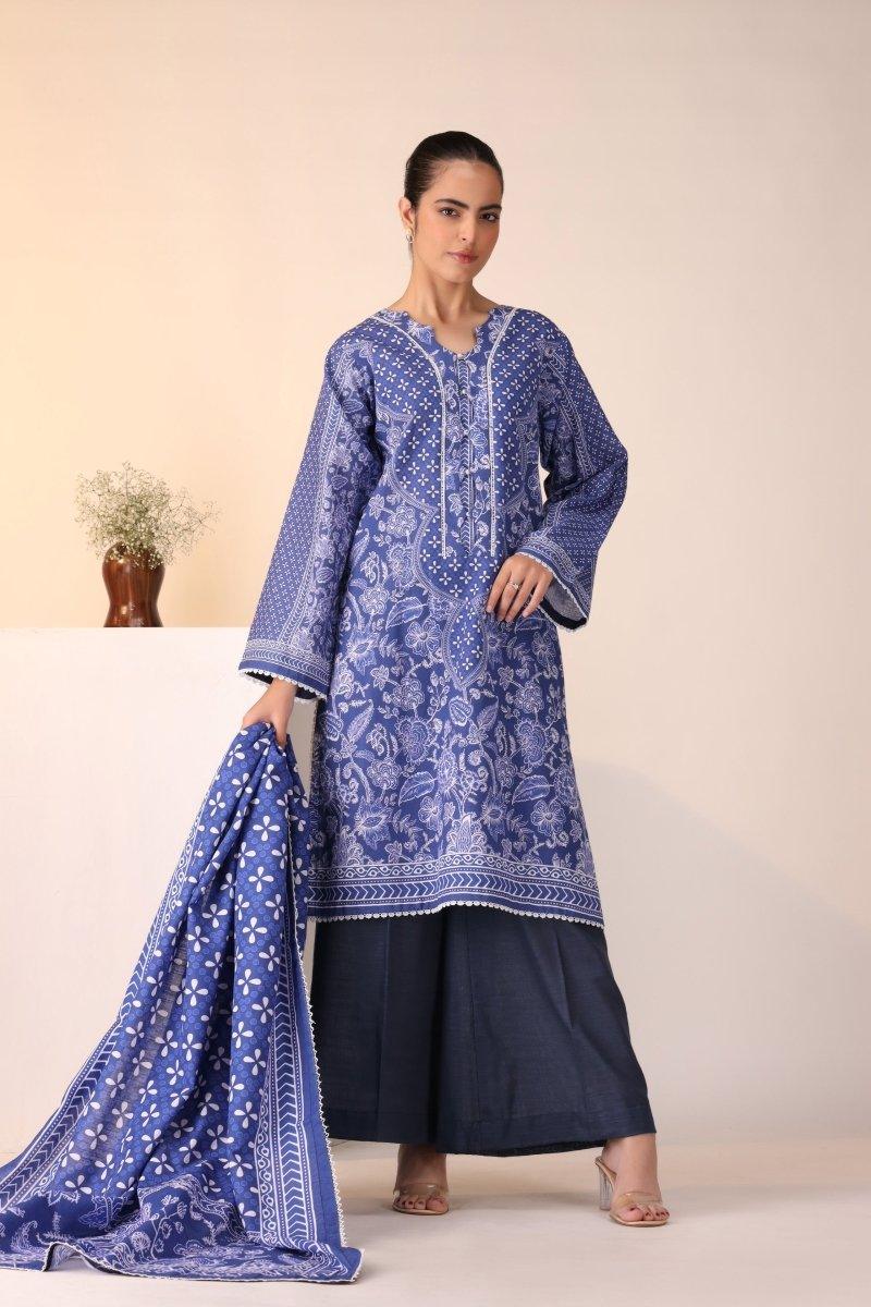 3 Piece Unstitched Chic Blue Khaddar - Jacquard Clothing