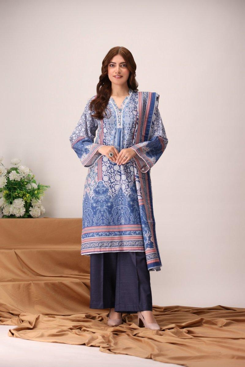 3 Piece Unstitched Denim Blue Khaddar - Jacquard Clothing