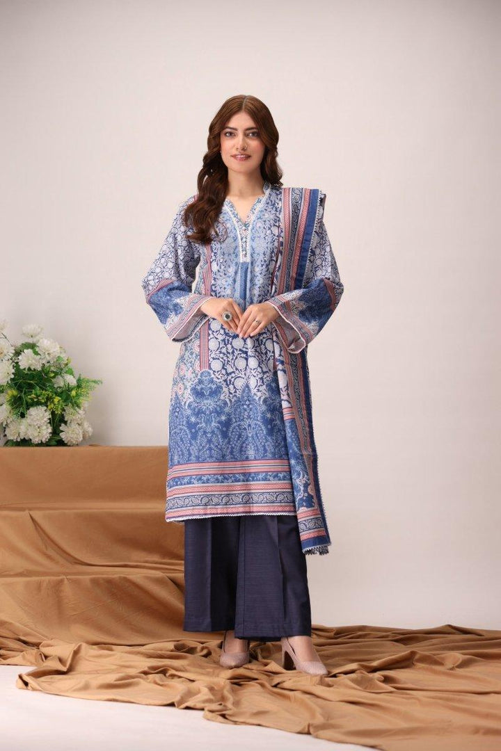 3 Piece Unstitched Denim Blue Khaddar - Jacquard Clothing