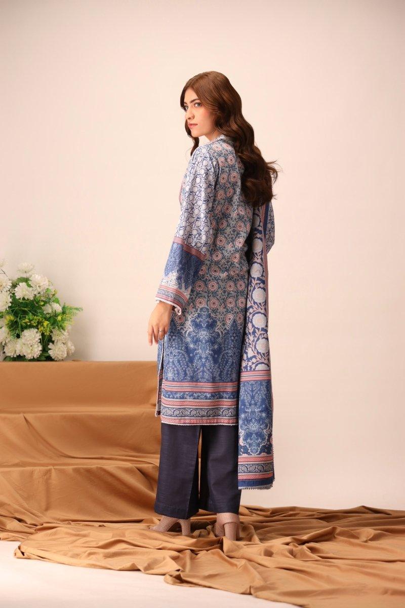 3 Piece Unstitched Denim Blue Khaddar - Jacquard Clothing