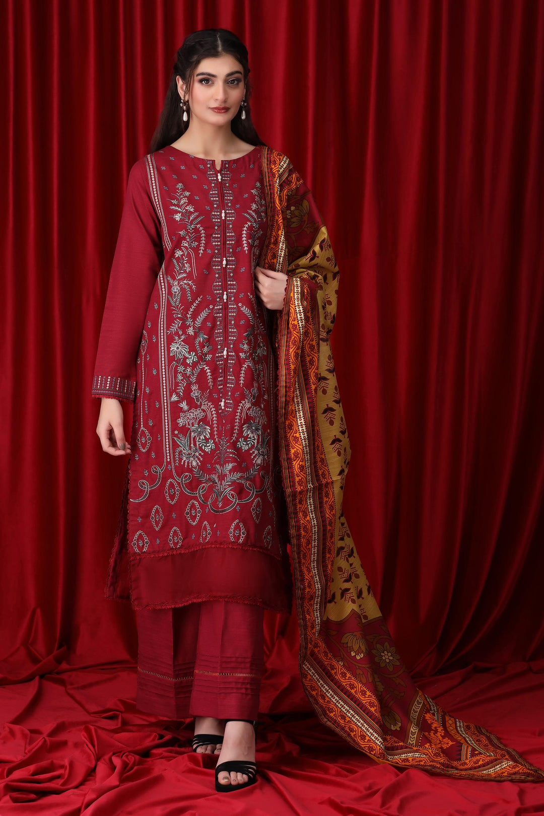 3 Piece Maroon Unstitched Khaddar - IM24SIGN1-S5 - Jacquard Clothing