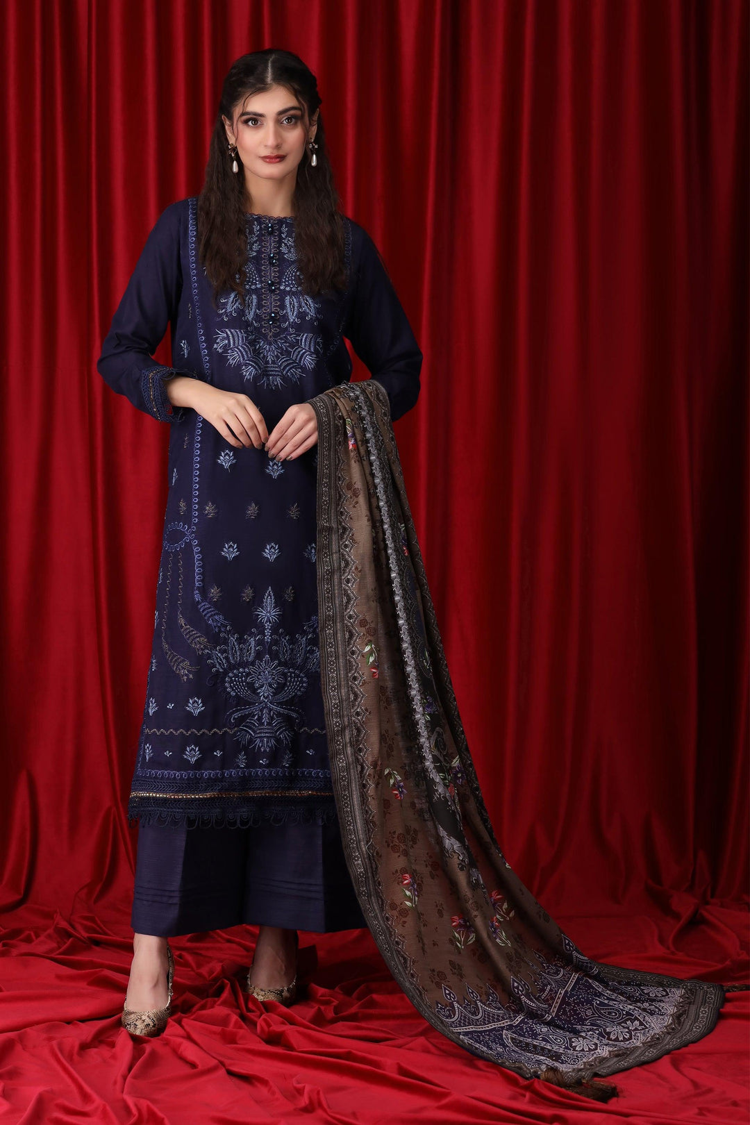 3 Piece Navy Blue Unstitched Khaddar - IM24SIGN1-S3 - Jacquard Clothing