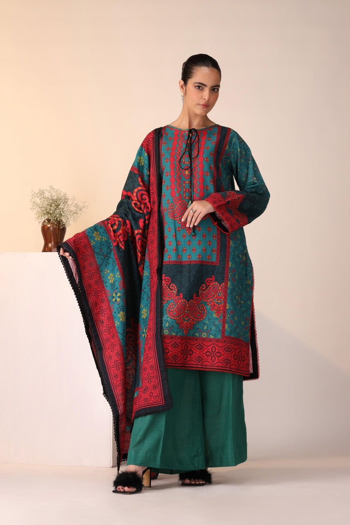 3 Piece Unstitched Green Khaddar - Jacquard Clothing