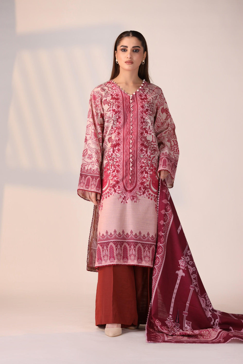 3 Piece Unstitched Maroon Khaddar - Jacquard Clothing