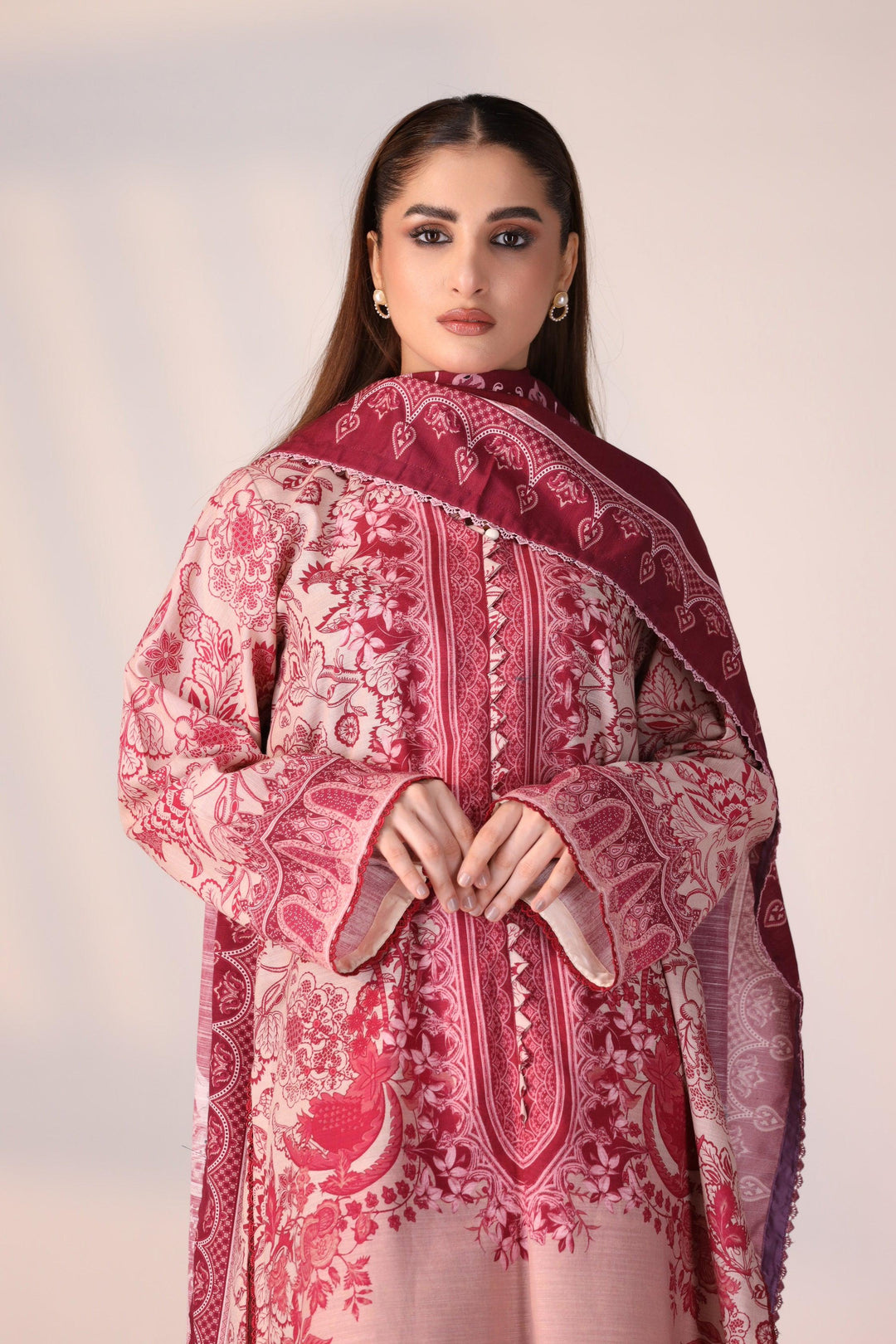 3 Piece Unstitched Maroon Khaddar - Jacquard Clothing