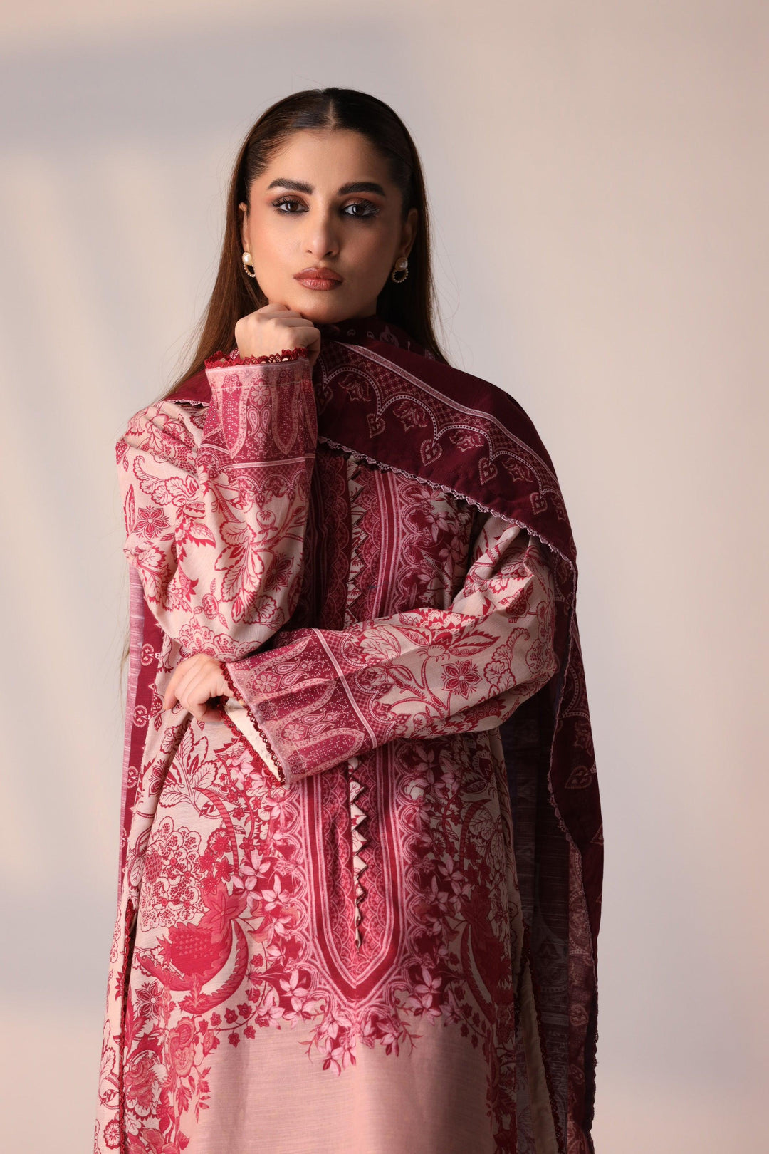 3 Piece Unstitched Maroon Khaddar - Jacquard Clothing