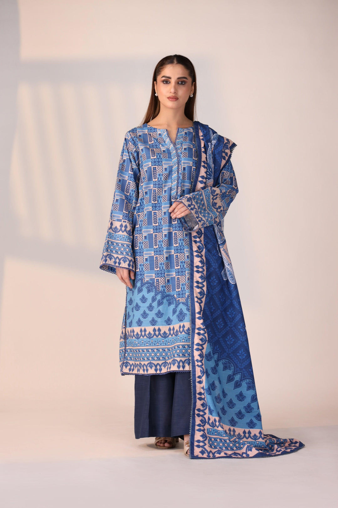 3 Piece Unstitched Multi Blue Khaddar - Jacquard Clothing