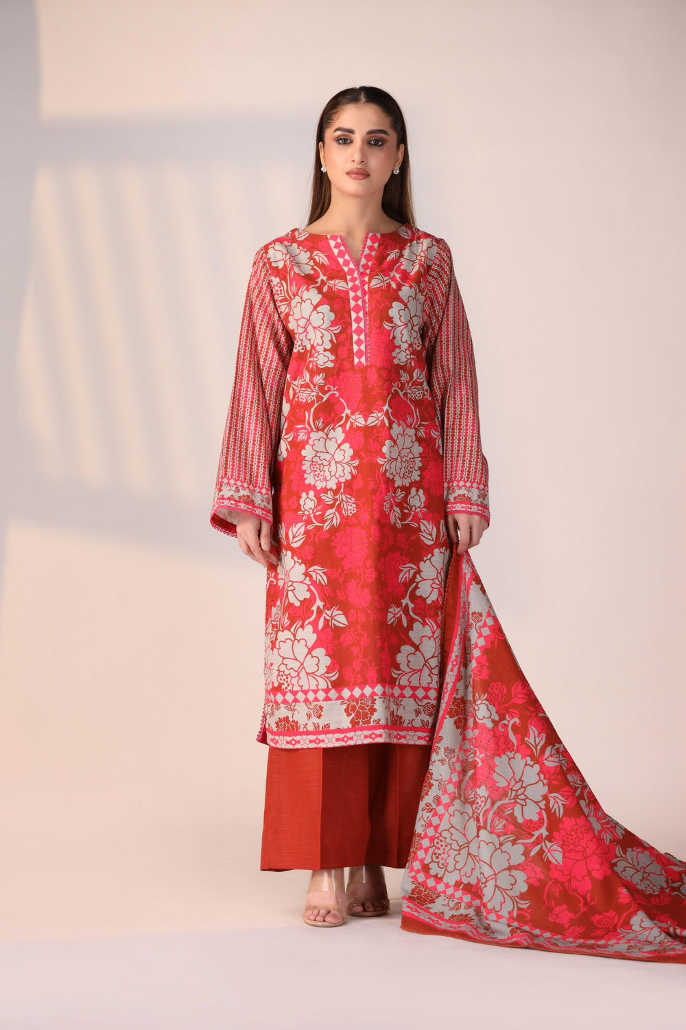 3 Piece Unstitched Multi Red Khaddar - Jacquard Clothing