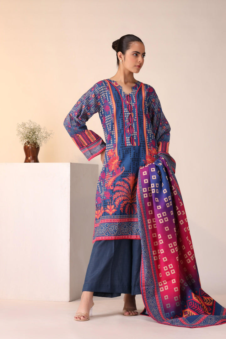 3 Piece Unstitched Navy Blue Khaddar - Jacquard Clothing