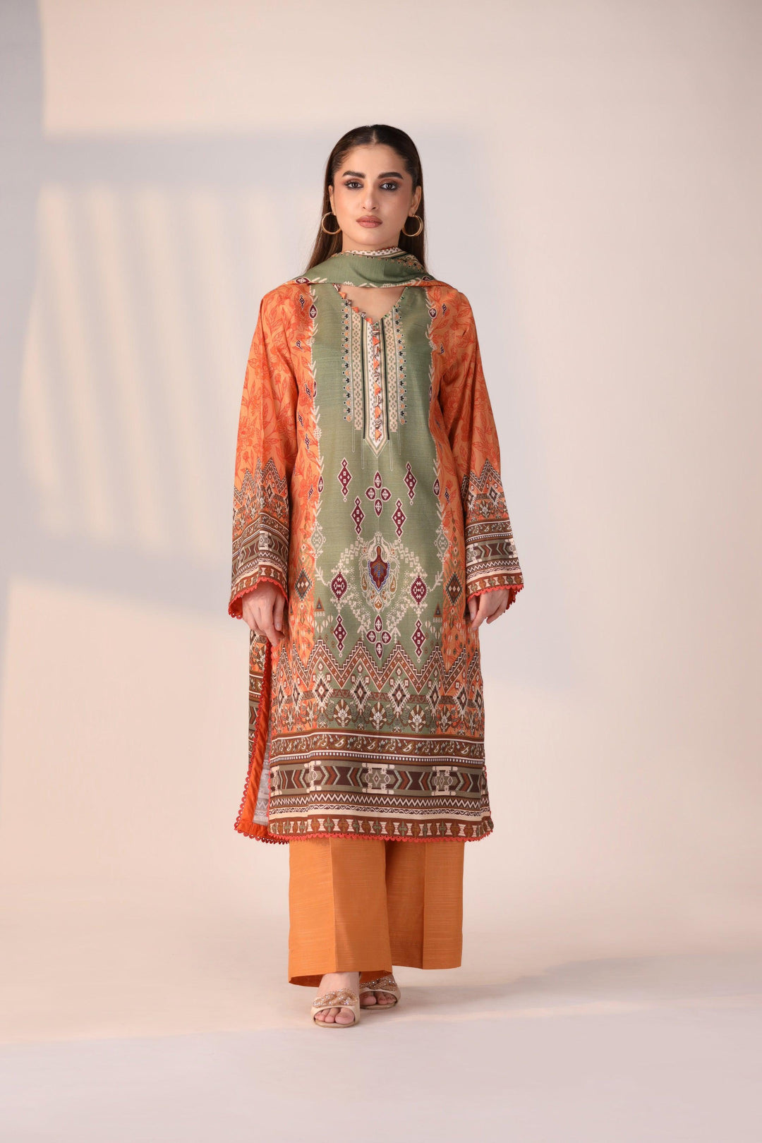 3 Piece Unstitched Orange Khaddar - Jacquard Clothing