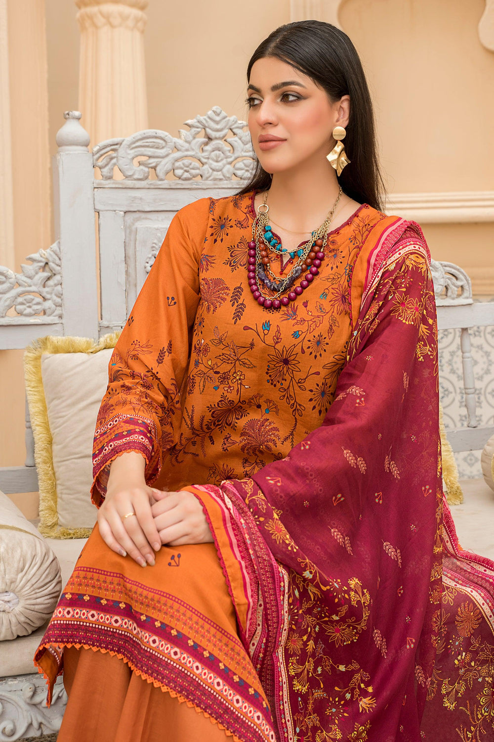 3 Piece Unstitched Orange Lawn - Jacquard Clothing