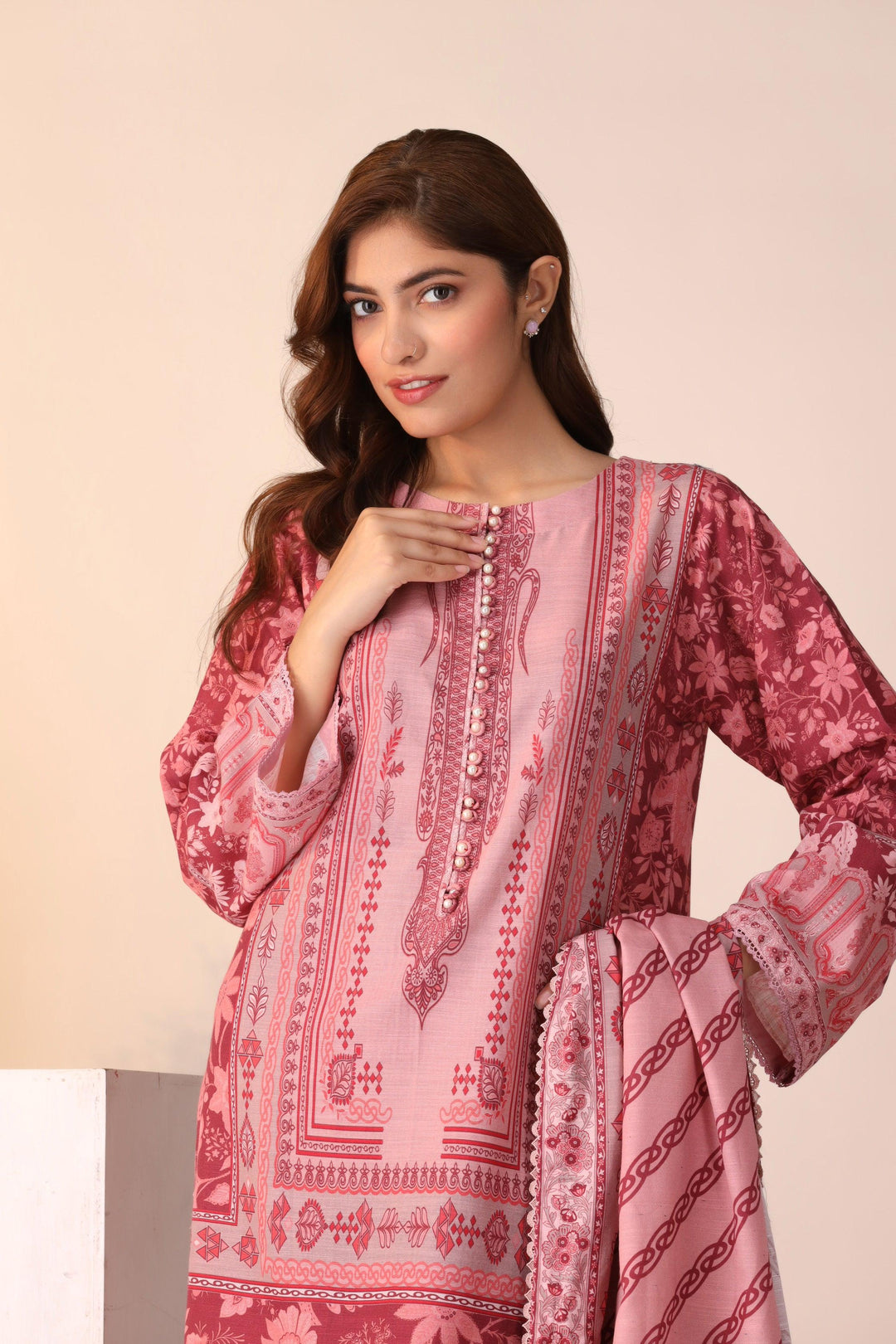 3 Piece Unstitched Pink Khaddar - Jacquard Clothing