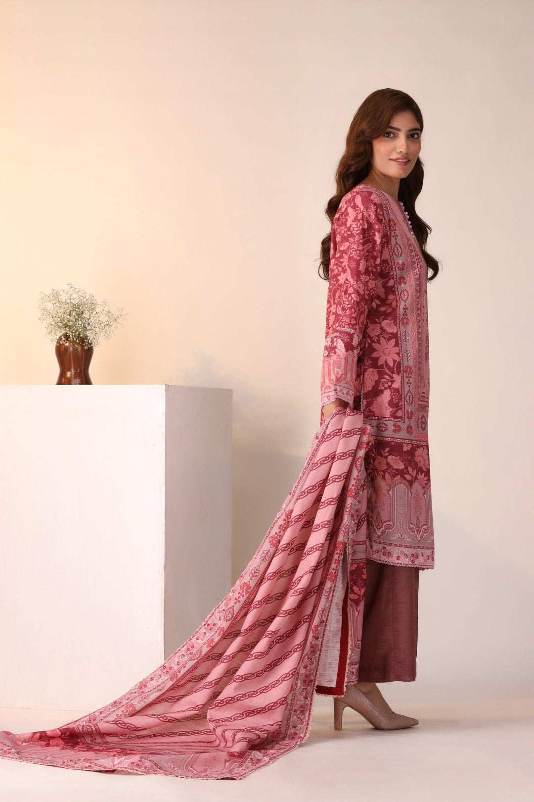 3 Piece Unstitched Pink Khaddar - Jacquard Clothing