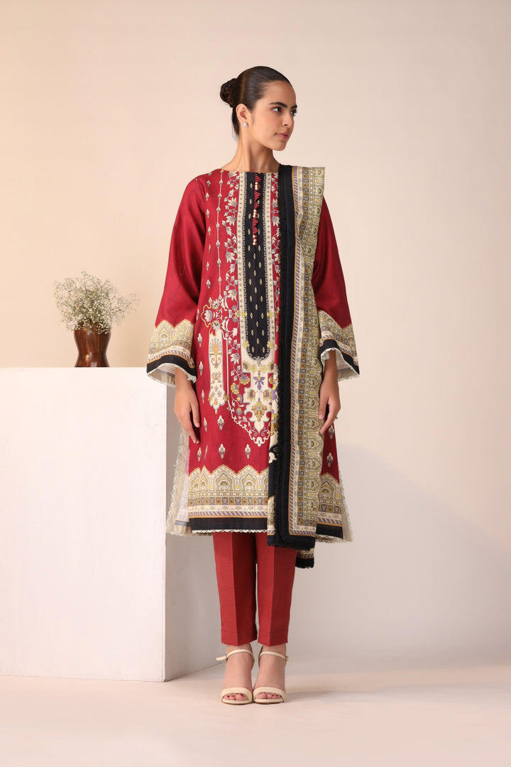 3 Piece Unstitched Red Khaddar - Jacquard Clothing