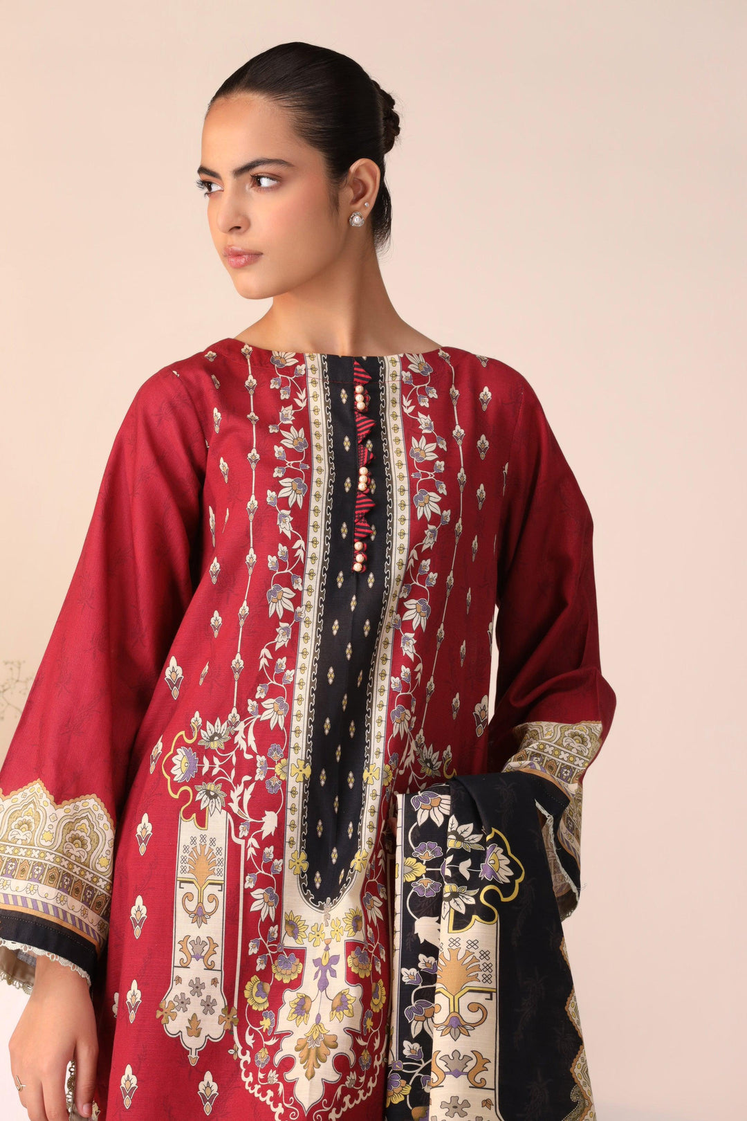 3 Piece Unstitched Red Khaddar - Jacquard Clothing