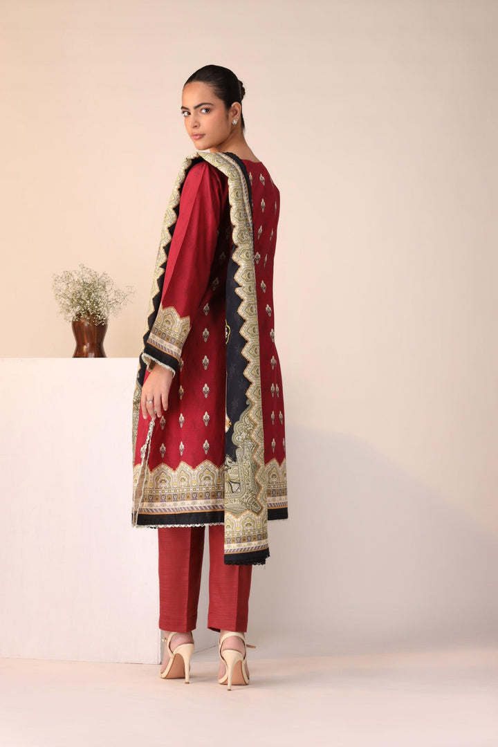 3 Piece Unstitched Red Khaddar - Jacquard Clothing