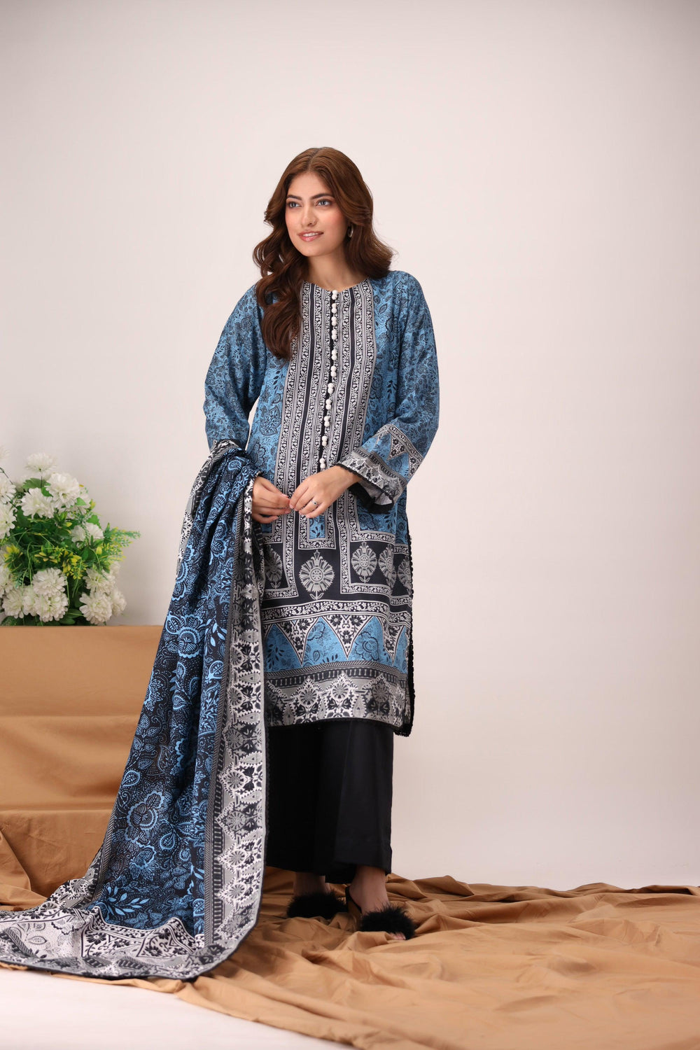 3 Piece Unstitched Sky Blue Khaddar - Jacquard Clothing