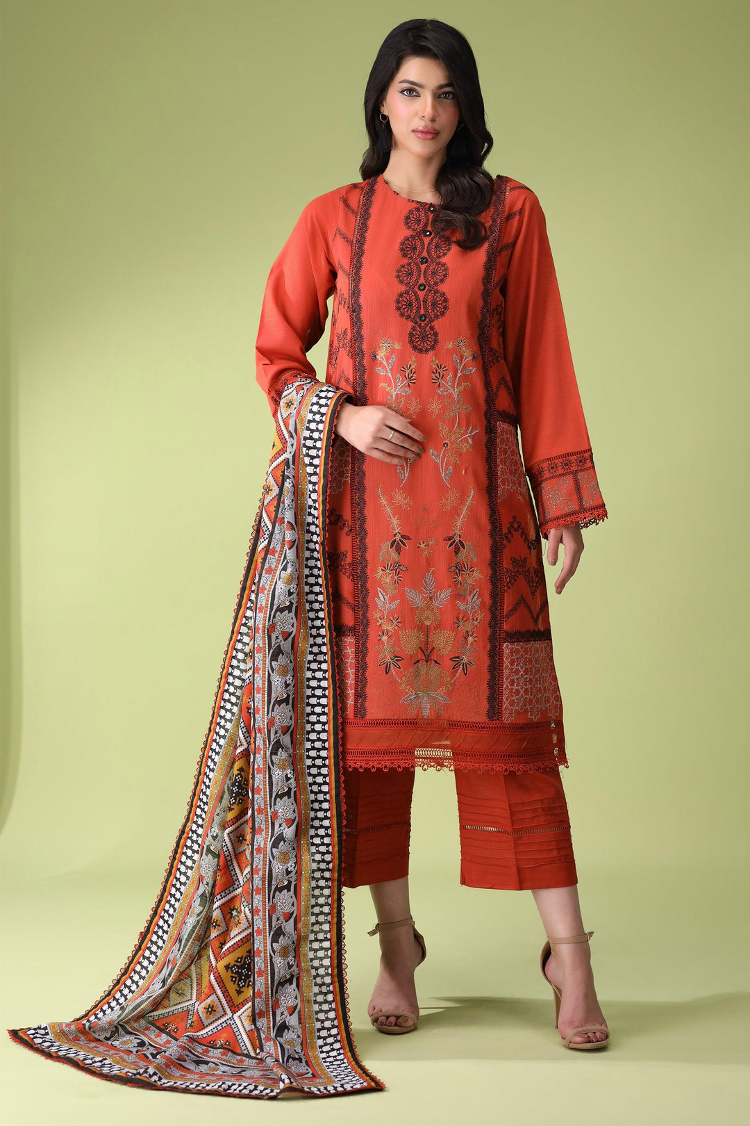 Carrot Rust 3 Piece Unstitched Khaddar - Jacquard Clothing