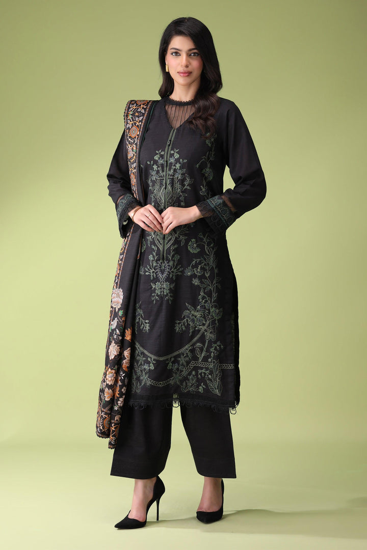 Chic Black 3 Piece Unstitched Khaddar - Jacquard Clothing