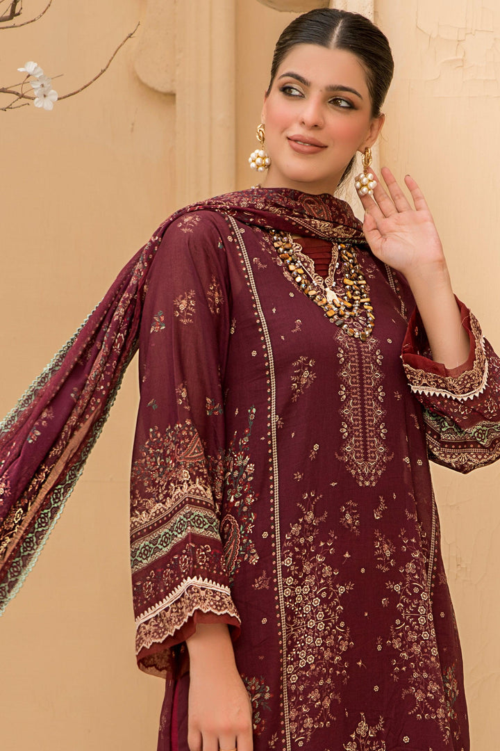 Maroon Unstitched 3 Piece Lawn - Jacquard Clothing