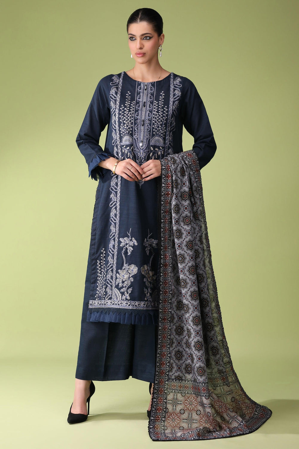 Midnight Blue 3 Piece Unstitched Khaddar - Jacquard Clothing