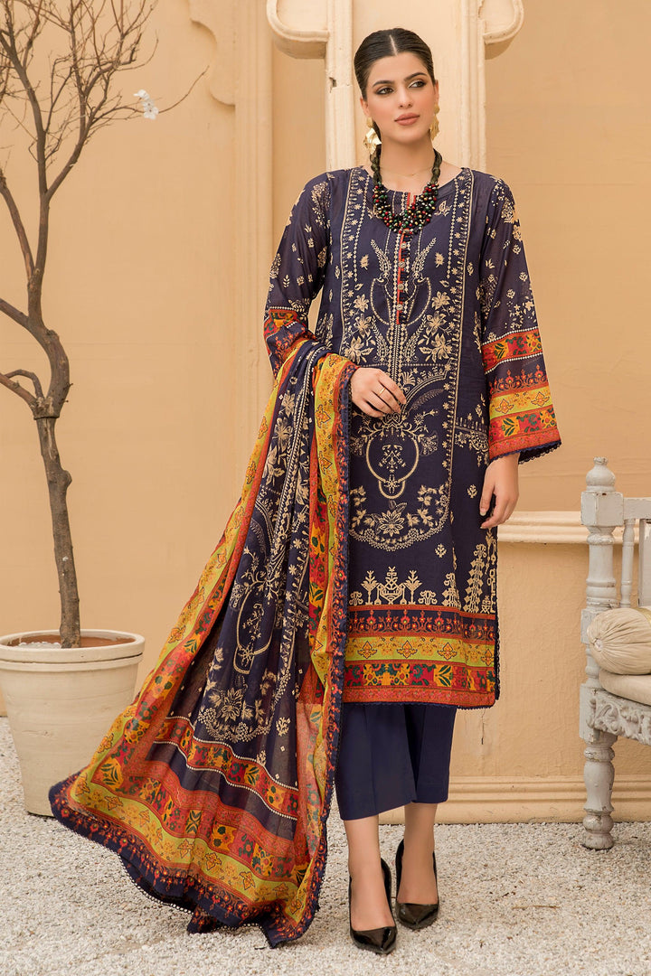 Navy Blue Unstitched 3 Piece Lawn - Jacquard Clothing