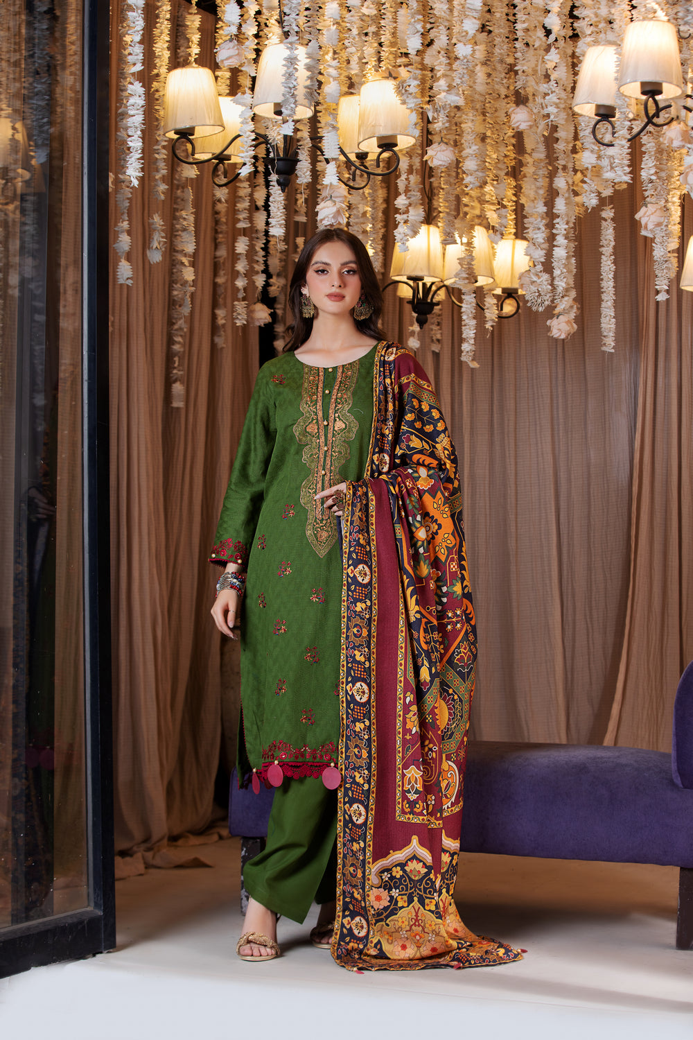 3 PIECE LUXURY UNSTITCHED-EMBROIDERED SELF JACQUARD KHADDAR SUIT