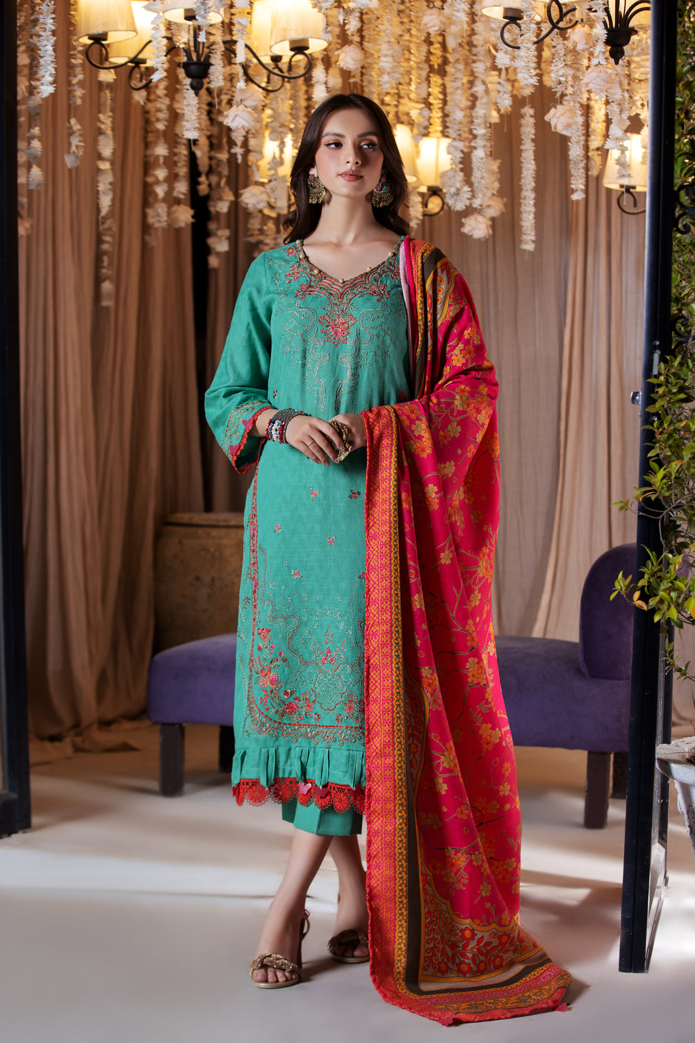 3 PIECE LUXURY UNSTITCHED-EMBROIDERED SELF JACQUARD KHADDAR SUIT