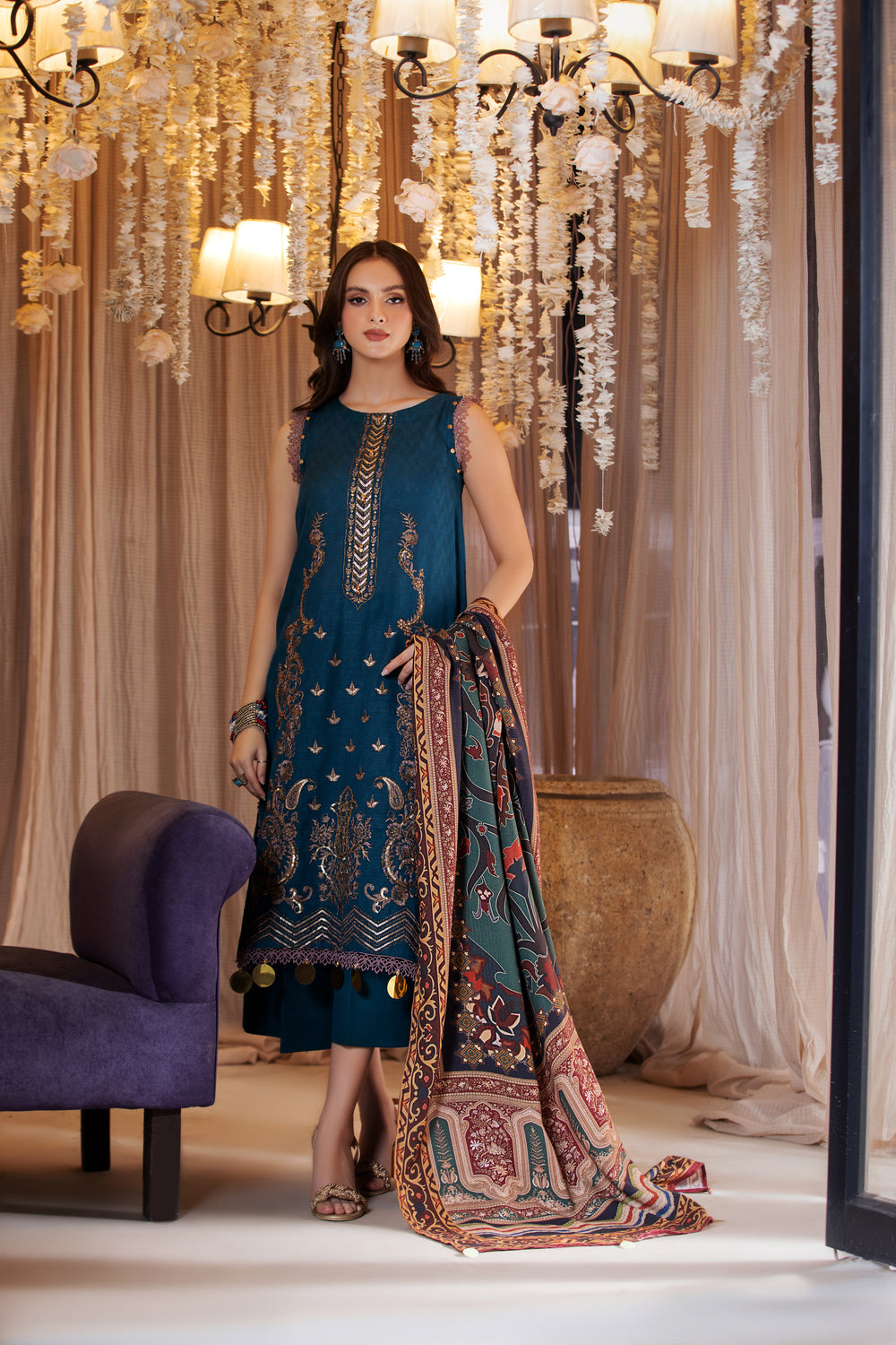 3 PIECE LUXURY UNSTITCHED-EMBROIDERED SELF JACQUARD KHADDAR SUIT