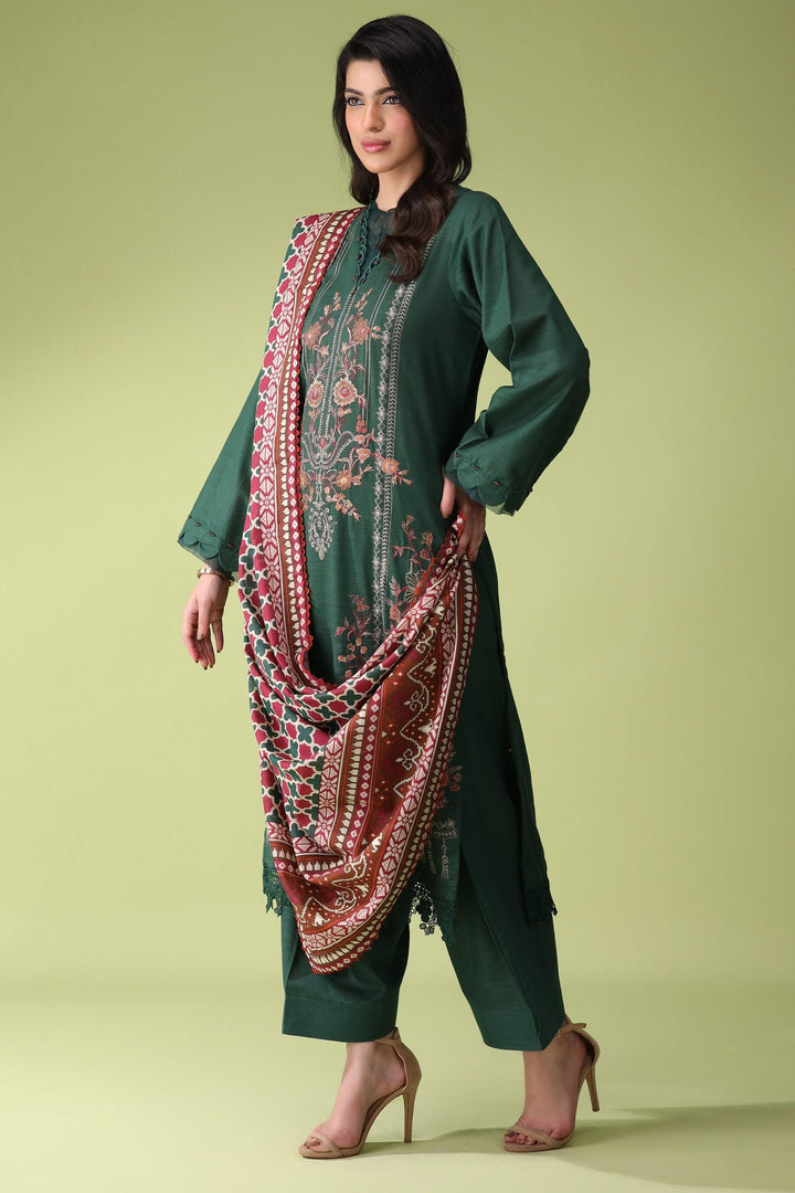 Royal Green 3 Piece Unstitched Khaddar - Jacquard Clothing