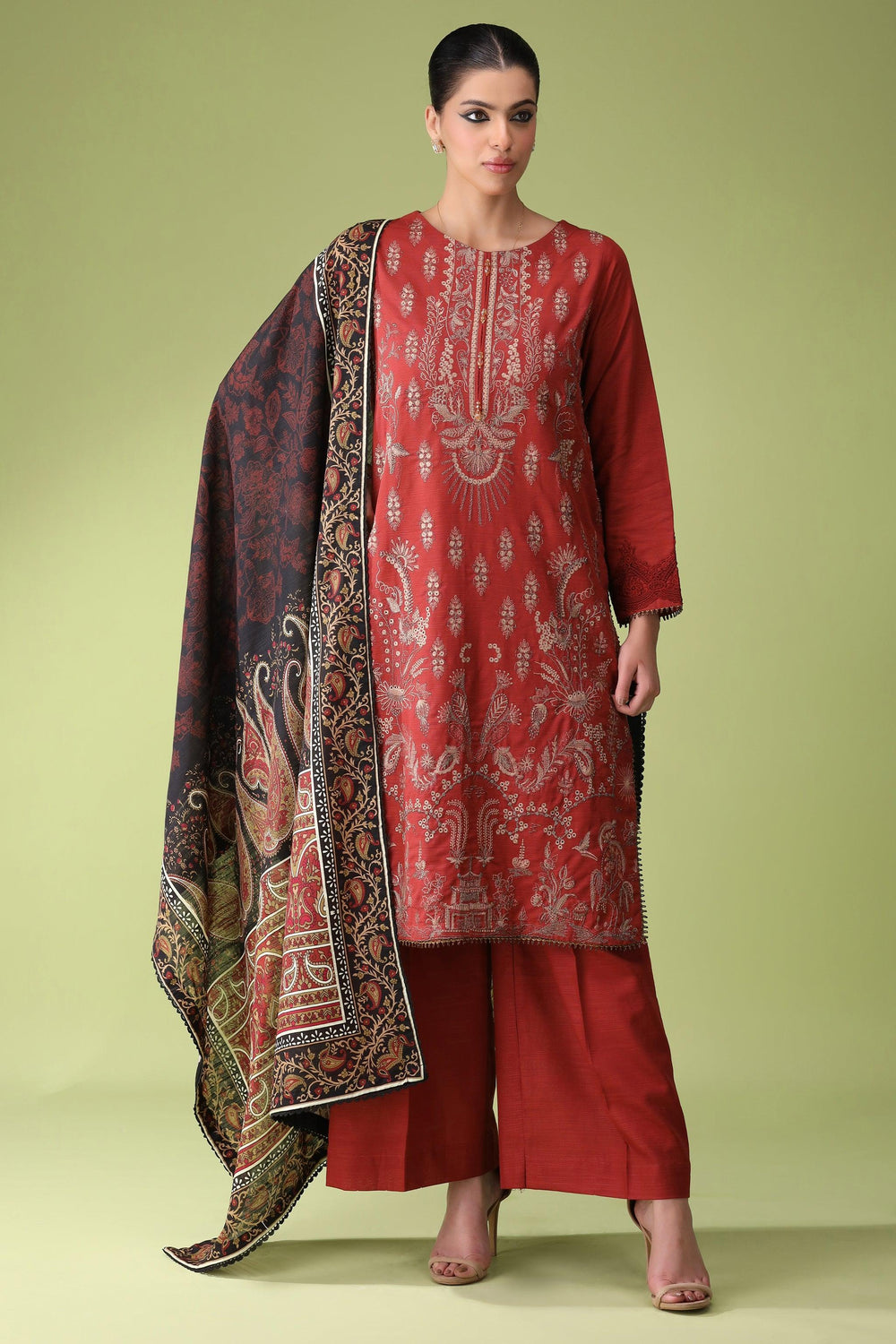 Ruby Maroon 3 Piece Unstitched Khaddar - Jacquard Clothing