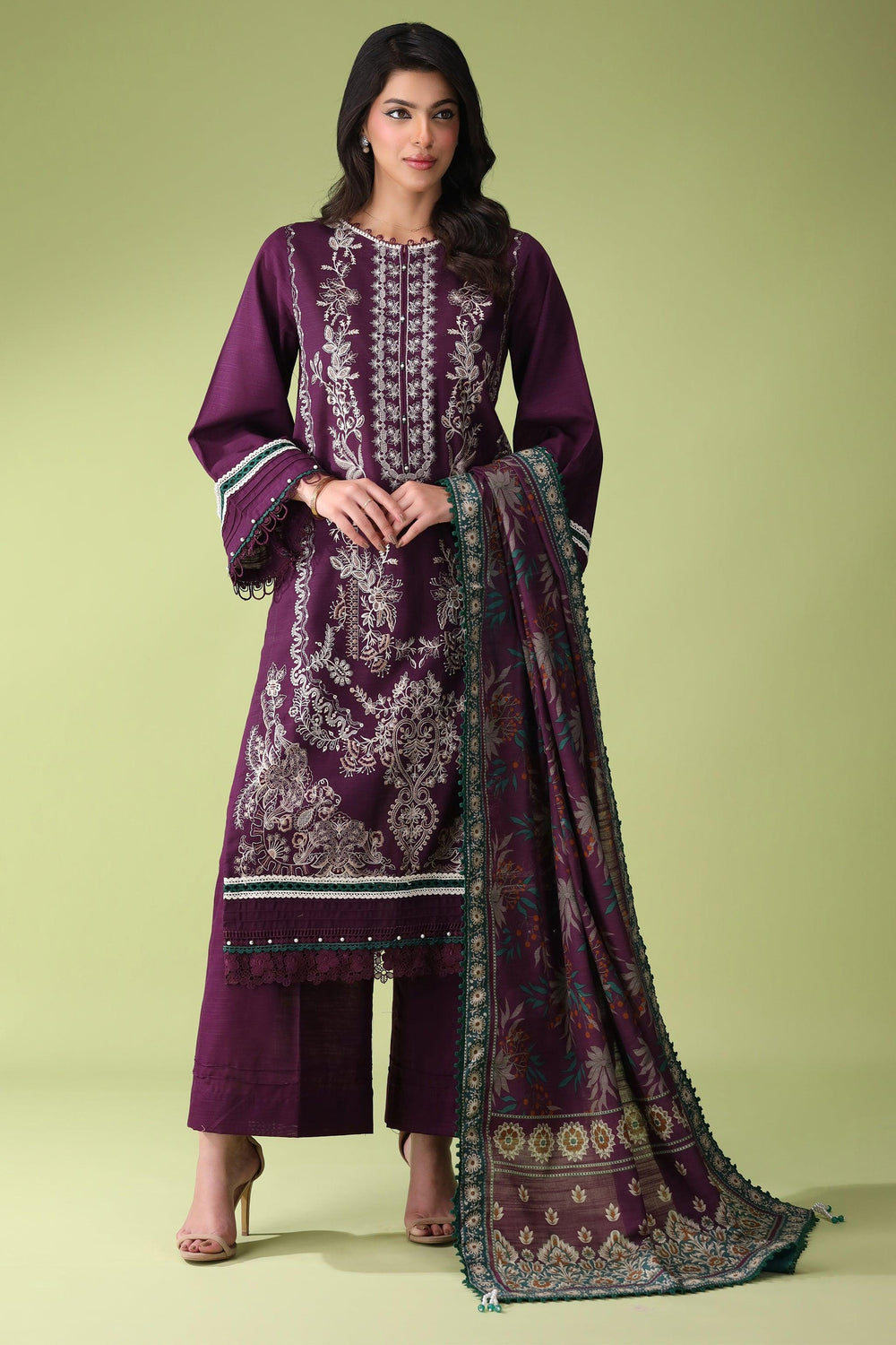 Violet Plum 3 Piece Unstitched Khaddar - Jacquard Clothing